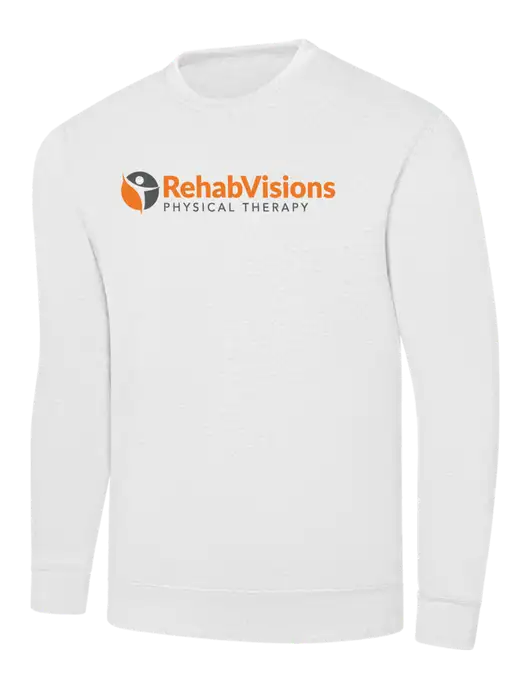 White 7.8 oz Ring Spun Crew Sweatshirt w/RV Physical Therapy Logo