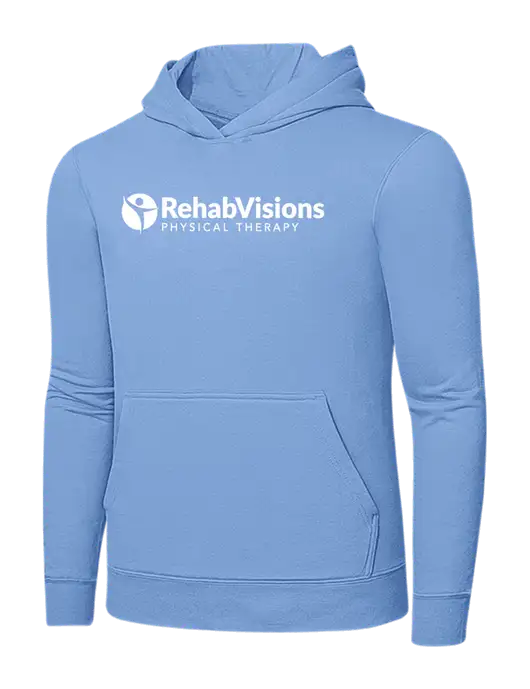 Light Blue 7.8. oz Ring Spun Hooded Sweatshirt w/RV Physical Therapy Logo