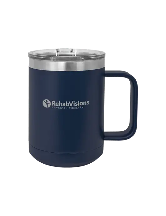 Polar Camel 15 oz Powder Coated Navy Vacuum Insulated Mug with Slider Lid w/RV Physical Therapy Logo
