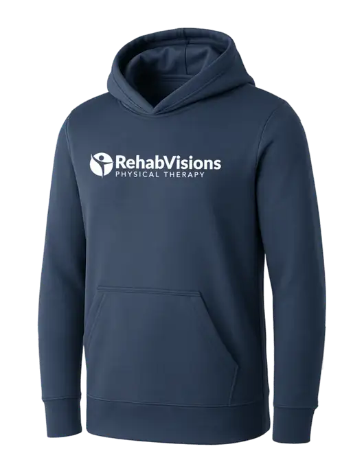 Womens Navy Core Fleece Pullover Hooded Sweatshirt w/RV Physical Therapy Logo