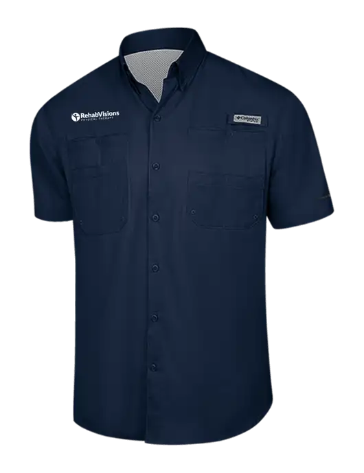 Columbia Navy PFG Tamiami II Short Sleeve Shirt w/RV Physical Therapy Logo