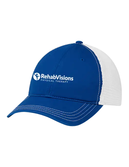 Richardson 111 Garment Washed Trucker Cap Royal w/White Mesh w/RV Physical Therapy Logo