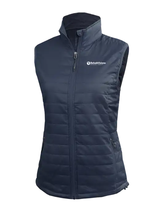 Womens Packable Navy Puffy Vest w/RV Physical Therapy Logo