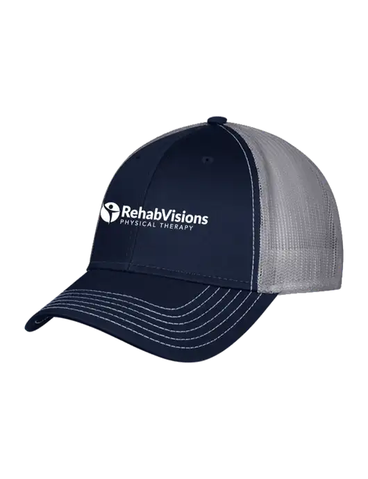 Navy & Grey Mesh Trucker Cap Snap Back w/RV Physical Therapy Logo
