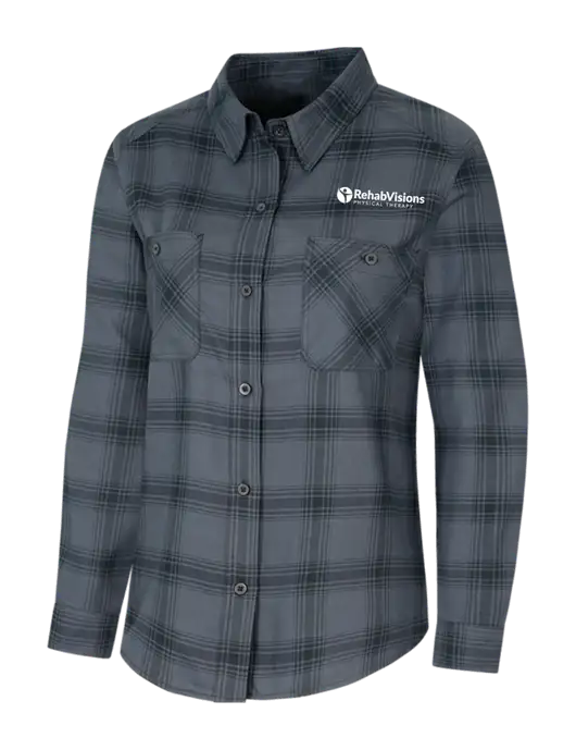 Womens Grey/Black Plaid Flannel Shirt w/RV Physical Therapy Logo