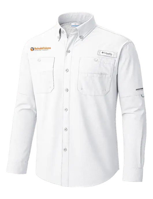 Columbia White PFG Tamiami II Long SleeveShirt w/RV Physical Therapy Logo