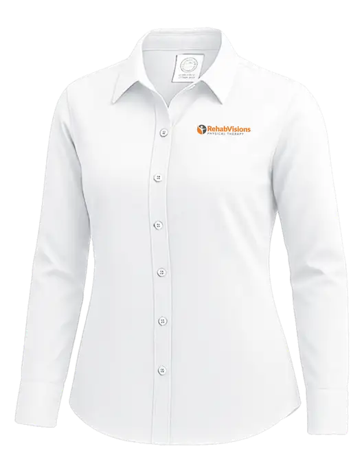 Brooks Brothers Womens White Wrinkle-Free Stretch Nailhead Shirt w/RV Physical Therapy Logo