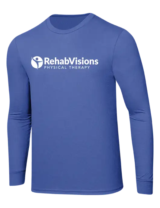 Simply Soft Long Sleeve Royal Frost 4.5 oz, Poly/Combed Ring Spun Cotton T-Shirt w/RV Physical Therapy Logo