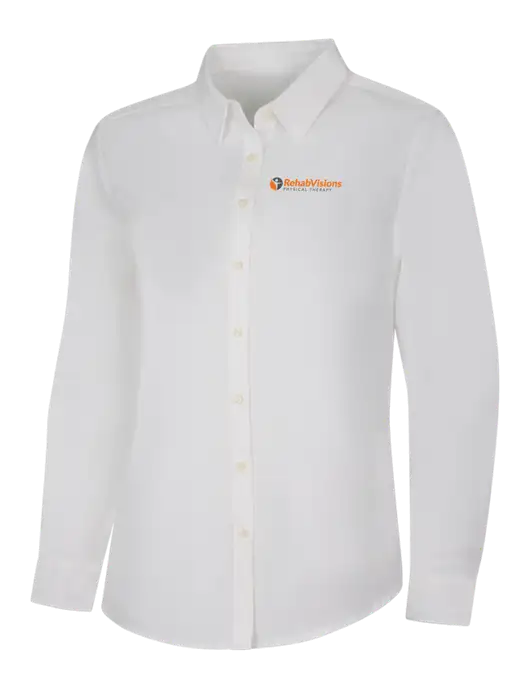 Womens White Long Sleeve Superpro React Twill Shirt w/RV Physical Therapy Logo