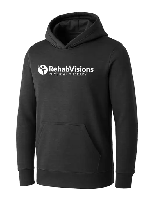 Womens Dark Grey Heather Core Fleece Pullover Hooded Sweatshirt w/RV Physical Therapy Logo
