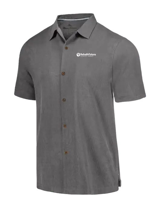 Tommy Bahama Dark Grey Tropic Isles Short Sleeve Shirt w/RV Physical Therapy Logo