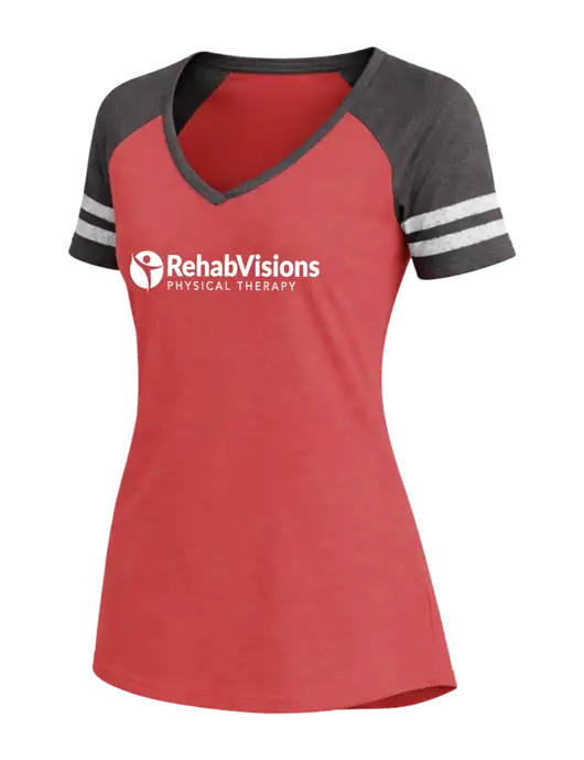 Womens Red Heather/Charcoal Heather V-Neck Game Tee w/RV Physical Therapy Logo