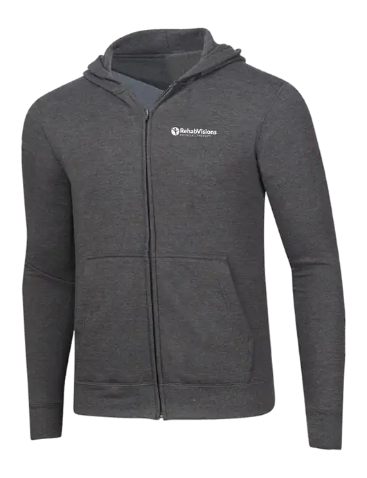 Dark Heather Grey 8.5 oz Ring Spun Zip Hooded Sweatshirt w/RV Physical Therapy Logo