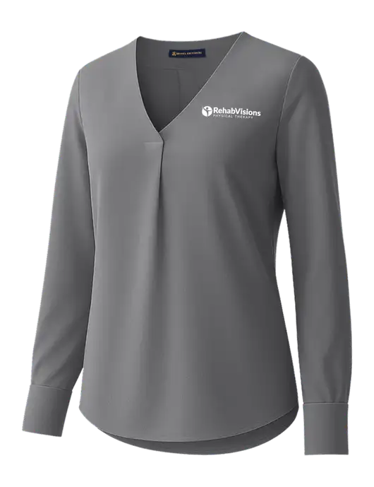 Brooks Brothers Womens Medium Grey Open-Neck Satin Blouse  w/RV Physical Therapy Logo