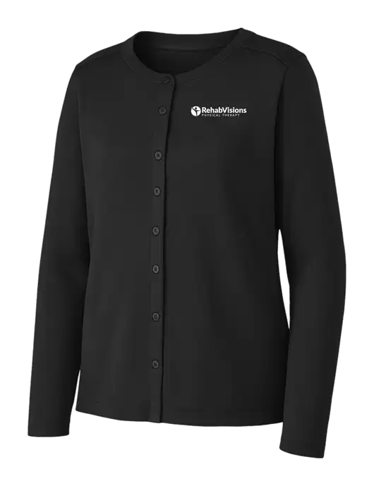 Black Womens Concept Stretch Button-Front Cardigan Sweater w/RV Physical Therapy Logo