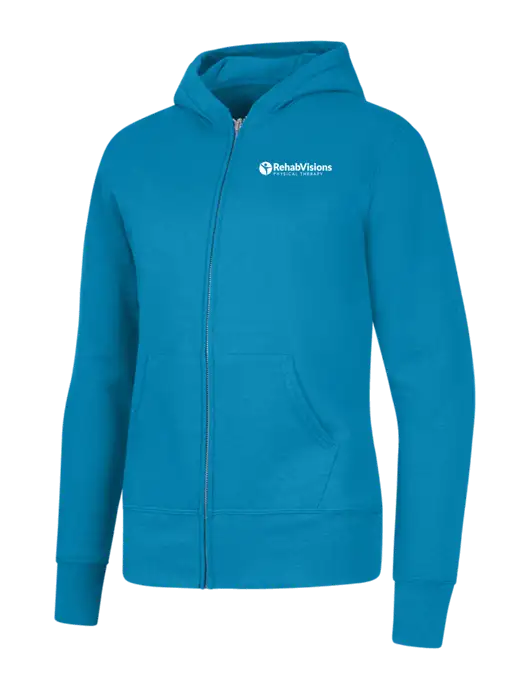 Neon Blue Womens Core Fleece Full-Zip Hooded Sweatshirt w/RV Physical Therapy Logo