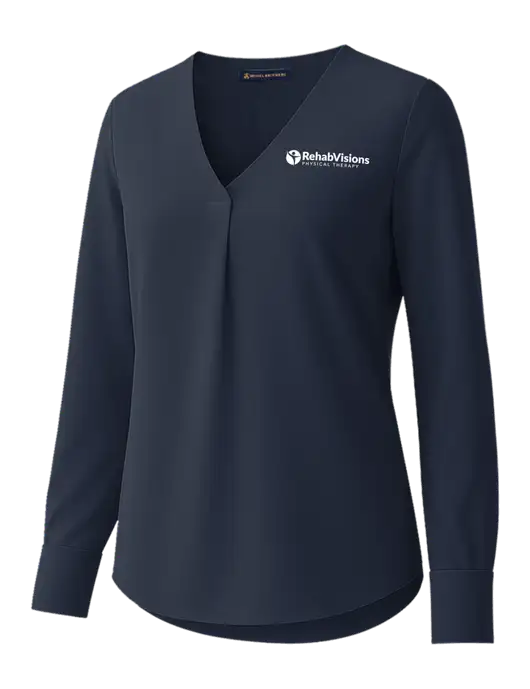 Brooks Brothers Womens Dark Navy Open-Neck Satin Blouse  w/RV Physical Therapy Logo