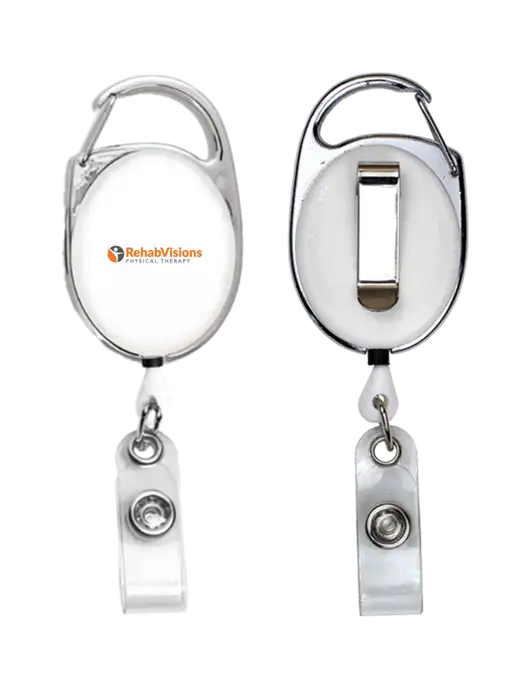 White Carabiner Style Badge Reel and Badge Holder w/RV Physical Therapy Logo