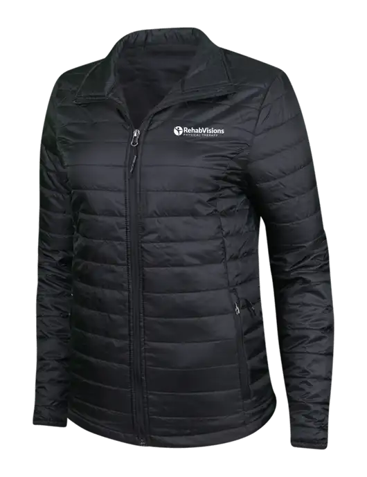 Womens Black Puffy Packable Jacket w/RV Physical Therapy Logo