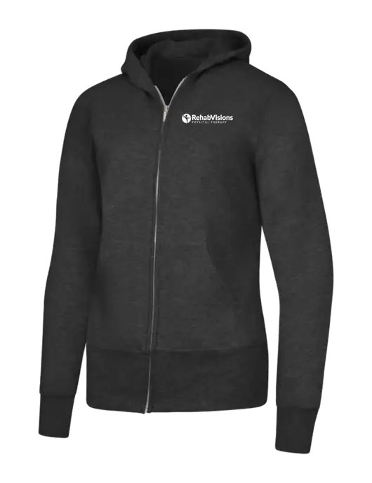Dark Heather Grey Womens Core Fleece Full-Zip Hooded Sweatshirt w/RV Physical Therapy Logo
