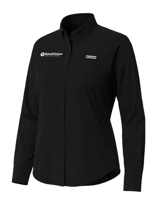 Columbia Black Womens PFG Tamiami II Long Sleeve Shirt w/RV Physical Therapy Logo