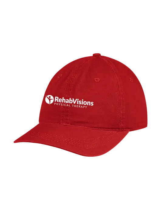 Garment Washed Unstructured Twill Red Cap w/RV Physical Therapy Logo