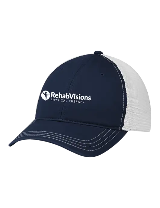 Richardson 111 Garment Washed Trucker Cap Navy w/White Mesh w/RV Physical Therapy Logo