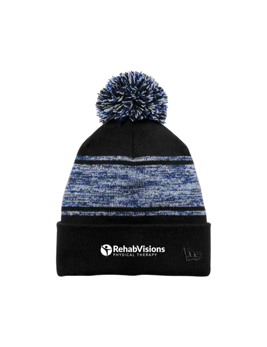 New Era Black/Royal Knit Chilled Pom Beanie w/RV Physical Therapy Logo