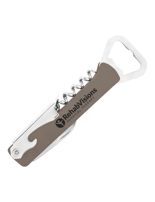Grey Leatherette Wine Bottle Opener w/RV Physical Therapy Logo