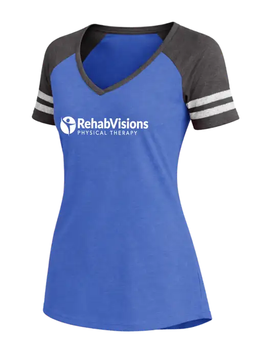 Womens Royal Heather/Charcoal Heather V-Neck Game Tee w/RV Physical Therapy Logo