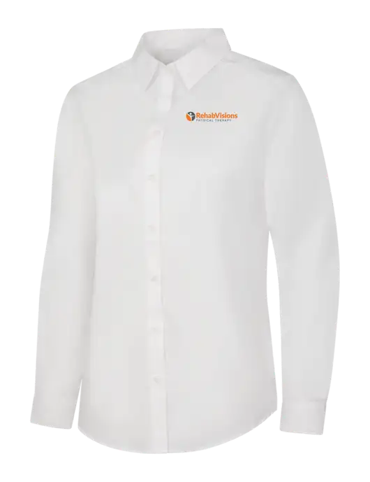 Womens White Long Sleeve Carefree Poplin Shirt w/RV Physical Therapy Logo