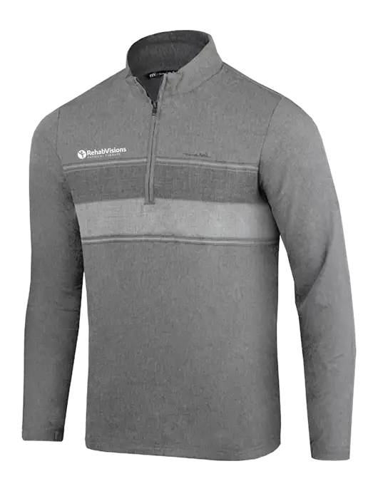 TravisMathew Balboa Chest Stripe Dark Grey Heather Quarter Zip w/RV Physical Therapy Logo