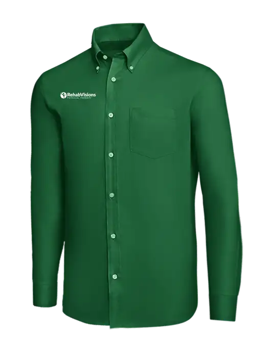 Brooks Brothers Medium Green Wrinkle-Free Stretch Nailhead Shirt w/RV Physical Therapy Logo