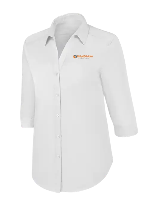 Womens White 3/4 Sleeve Carefree Poplin Shirt w/RV Physical Therapy Logo