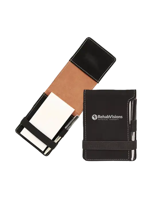 Black Leatherette Mini Notepad with Pen,  3.25 x 4.75 w/RV Physical Therapy Logo