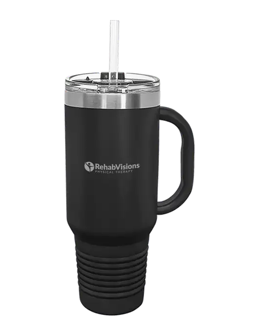 Polar Camel 40 oz. Powder Coated Vacuum Insulated Black Travel Mug with Straw w/RV Physical Therapy Logo