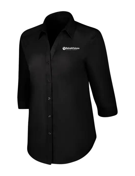Womens Black 3/4 Sleeve Carefree Poplin Shirt w/RV Physical Therapy Logo