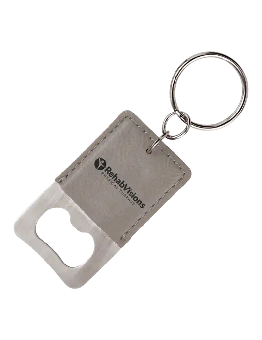 Grey Leatherette Rectangle Bottle Opener Keychain w/RV Physical Therapy Logo