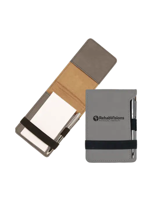 Grey Leatherette Mini Notepad with Pen,  3.25 x 4.75 w/RV Physical Therapy Logo
