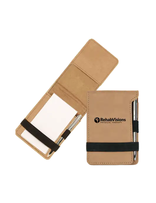 Tan Leatherette Mini Notepad with Pen,  3.25 x 4.75 w/RV Physical Therapy Logo