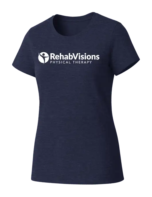 Womens Seriously Soft Heathered Navy T-Shirt w/RV Physical Therapy Logo