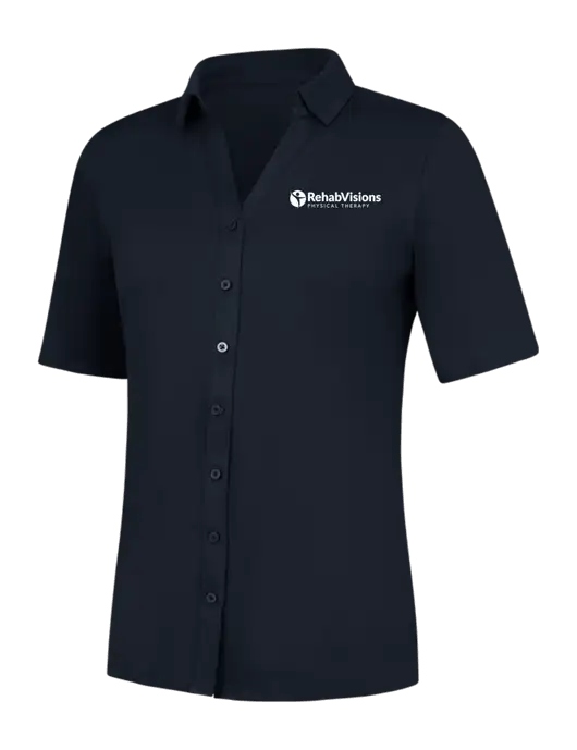 Womens Navy City Stretch Top w/RV Physical Therapy Logo