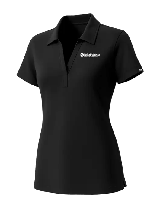TravisMathew Womens Black Glenview Solid Polo w/RV Physical Therapy Logo