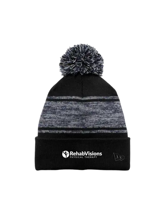 New Era Black/Navy Knit Chilled Pom Beanie w/RV Physical Therapy Logo