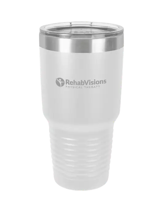 Polar Camel 30 oz Powder Coated White Vacuum Insulated Tumbler  w/RV Physical Therapy Logo