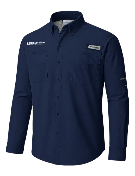Columbia Navy PFG Tamiami II Long SleeveShirt w/RV Physical Therapy Logo