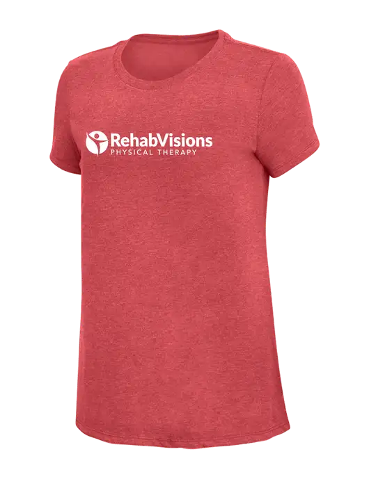 Womens Simply Soft Red Frost 4.5oz Poly/Combed Ring Spun Cotton T-Shirt w/RV Physical Therapy Logo