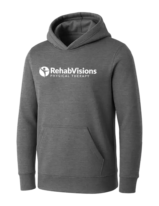 Womens Medium Grey Heather Core Fleece Pullover Hooded Sweatshirt w/RV Physical Therapy Logo