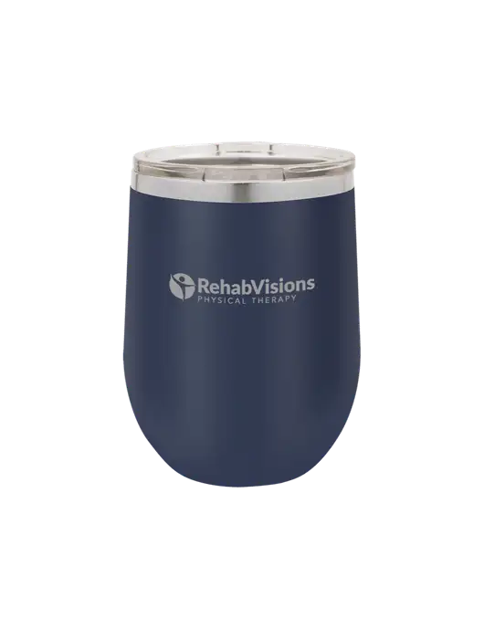 Polar Camel 12 oz Powder Coated Navy Vacuum Insulated Stemless Wine Tumbler w/RV Physical Therapy Logo