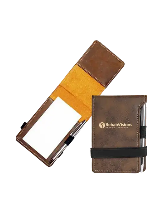 Rustic Leatherette Mini Notepad w/Pen, 3.25 x 4.75 w/RV Physical Therapy Logo